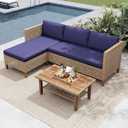 MFSTUDIO Wicker Patio Furniture Set, L Shaped Outdoor Couch Set, Rattan Outdoor Sectional Sofa with Acacia Wood Coffee Table, 3 Pieces Small Patio Conversation Set for Backyard, Navy Blue