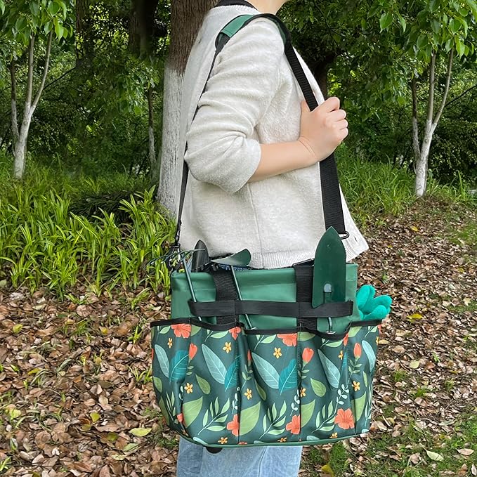 Standable Garden Tool Bag for Women, Oxford Multi-Pocket Gardening Tote with Hard Bottom & Adjustable Shoulder Strap