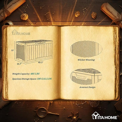 YITAHOME 100 Gallon Large Outdoor Storage Box, Water Resistant Resin Deck Box w/Silver Decorative PVC Trim Pane, Lockable Rattan Storage Container for Patio, Garden, Cushions, Tools(Black & Silver)