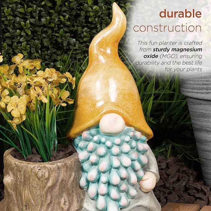Alpine Corporation 16" Tall Outdoor Yellow Hat Gnome Statue with Drainage Hole Planter, Weatherproof Garden Decor
