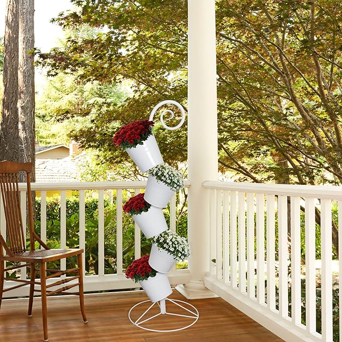 Hanging Flower Pot Tiered Stand (White), Metal Outdoor Stacking Planter