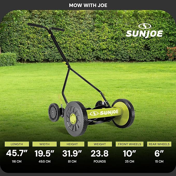 Sun Joe Manual Push Reel Lawn Mower with 9 Adjustable Positions, 14-Inch Cutting Width - Heavy-Duty Yard Trimming Machine for Gardening Care and Maintenance, MJ503M