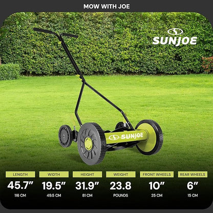 Sun Joe Manual Push Reel Lawn Mower with 9 Adjustable Positions, 14-Inch Cutting Width - Heavy-Duty Yard Trimming Machine for Gardening Care and Maintenance, MJ503M