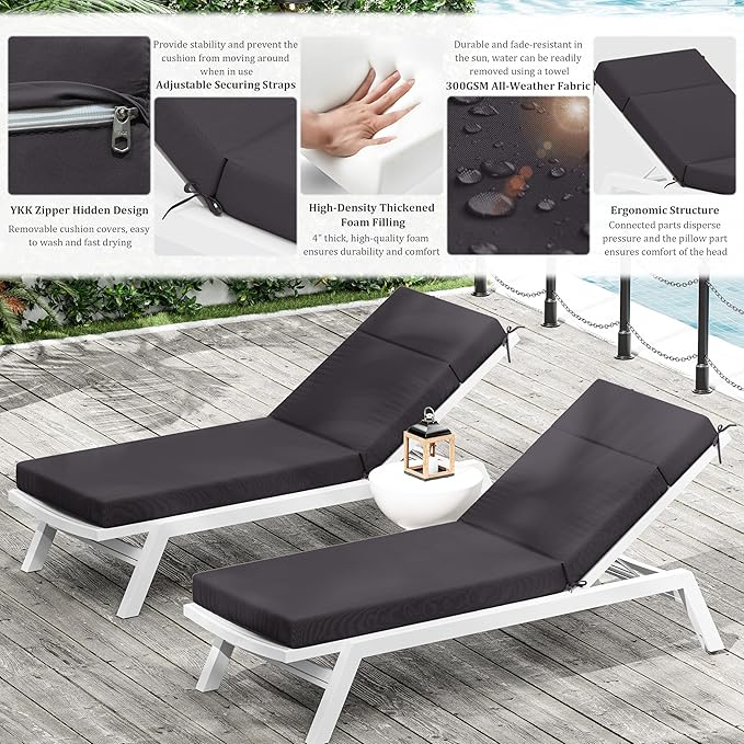 Chaise Lounge Cushion for Outdoor Furniture, Waterproof Fade and Tear Resistant Lounge Deck Chair Cushions for Patio Lawn Pool Resort Hotel