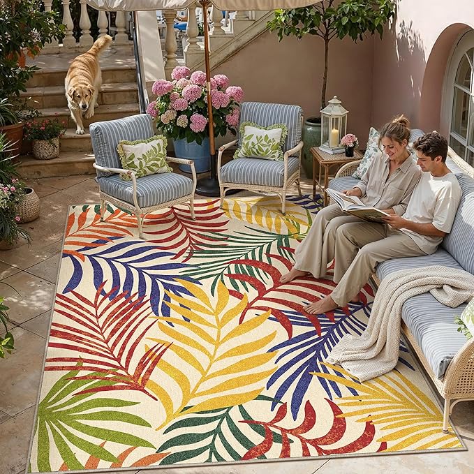8x10 Indoor Outdoor Area Rug Washable Patio Rug Multicolored Non Slip Non Shedding Waterproof Carpet for Living Room Bedroom Camping Porch Backyard Camping RV Balcony Poolside Deck