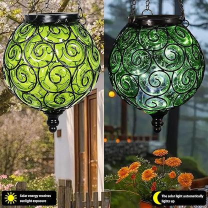 Solar Hanging Lantern Outdoor Garden Lights, Round Glass and Metal Hanging Lantern, 15 Firefly LED Lights, 7 x 20 Inch (Green)