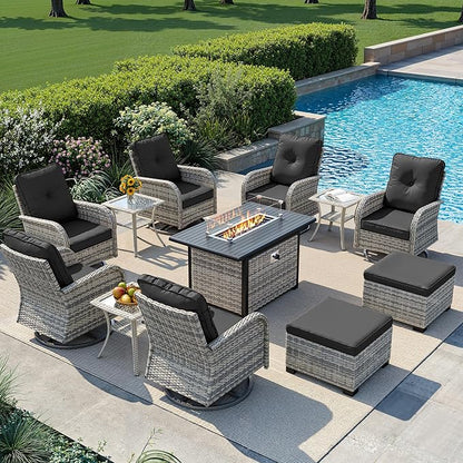 12-Piece Small Patio Furniture Set, Outdoor Swivel Rocking Chairs Set with 55,000 BTU Fire Pit Table Wicker Chairs and Ottomans, Patio Bistro Set for Balcony, Deck, Porch, Black