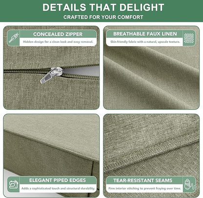 Summsun Water Resistant Outdoor Chair Cushions, Faux Linen Backrest and Seat Cushion Set with Ties, Removable Cover, Non-Slip Bottom for Patio Furniture, 19 x 19 Inch, Mocca Green