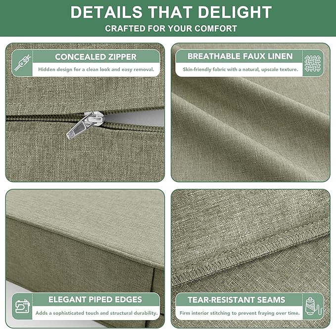 Summsun Water Resistant Outdoor Chair Cushions, Faux Linen Backrest and Deep Seat Cushion Set with Ties, Removable Cover, Non-Slip Bottom for Patio Furniture, 22 x 22 Inch, Mocca Green