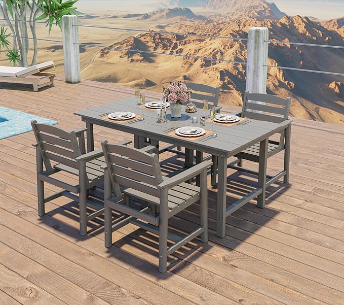Anbuy Patio HDPE Dining Table Set, 5-Piece Outdoor Dining Table Sets, 2 in 1 Outdoor Furniture Table and 4 Outdoor Chairs for Garden, Backyard, Poolside, Easy Assembly, Grey