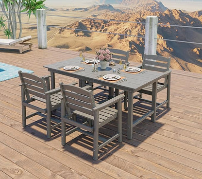 Anbuy Patio HDPE Dining Table Set, 5-Piece Outdoor Dining Table Sets, 2 in 1 Outdoor Furniture Table and 4 Outdoor Chairs for Garden, Backyard, Poolside, Easy Assembly, Grey