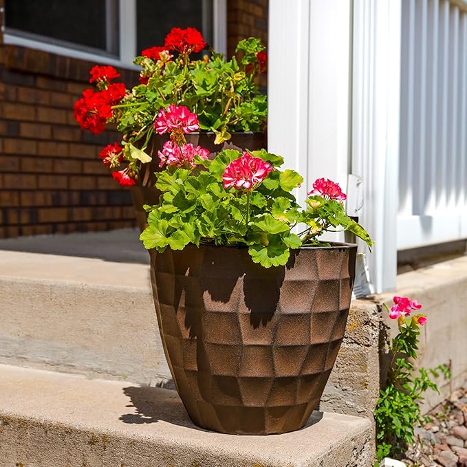 Sunnydaze Pebbled Polyresin Round Outdoor Planter - 15.75" Flower Pot for Indoor or Outdoor Use - Dark Brown