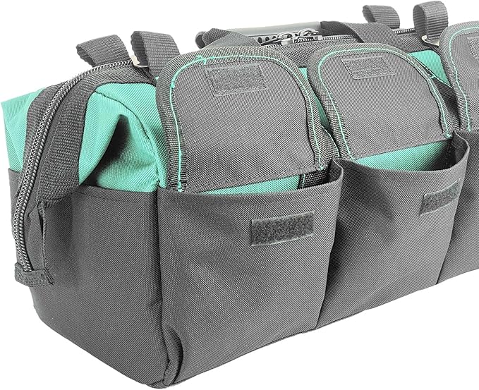 Women Heavy Duty Tool Bag with Molded base,Garden Storage Organizer for Tools,16 x 7.5 x 10.5 inches,600D Polyester Fabric(Teal)