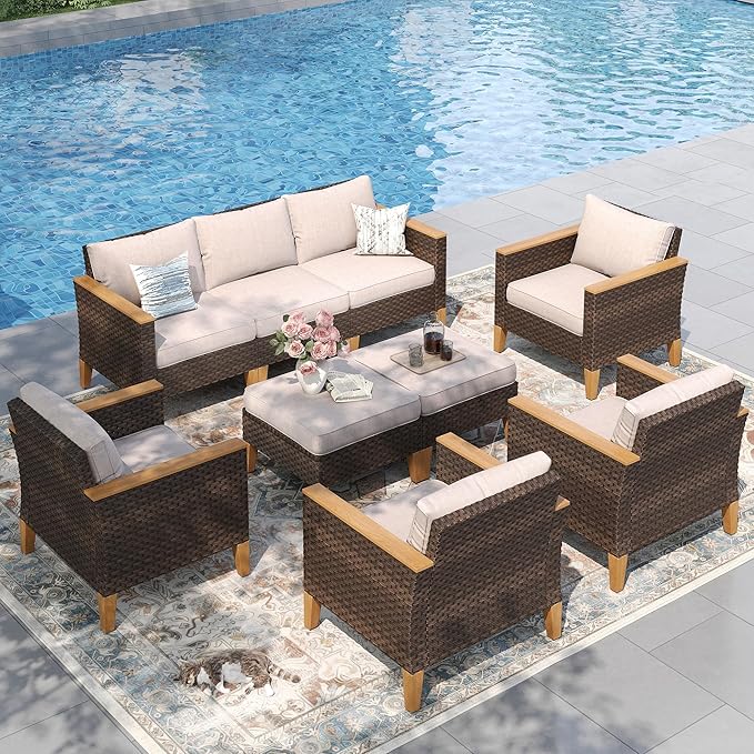 PHI VILLA 9-Piece Outdoor Wicker Furniture Set with 4-inch Thick Cushions, High Back Wicker Sofa for Deck, Yard, and Poolside in Elegant Beige (3 Seat Style)
