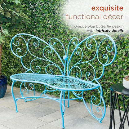 Alpine Corporation BAZ400BL Indoor Outdoor Metal Butterfly Shaped Garden Bench, 62" Long, Blue