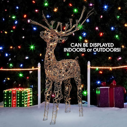 Alpine Corporation 35" Tall Outdoor Lighted Rattan Reindeer Christmas Yard Decoration with 60 Warm White LED Lights for Lawn Display, Brown