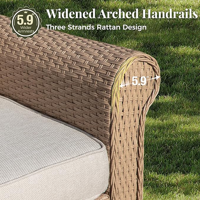 Patio Furniture Set 8 pcs, Wicker Outdoor Patio Furniture, 3-Seat Sofa, 4 Single Chairs, 2 Ottomans and 56" Gas Fire Pit Table, Rattan Patio Conversation Set for Backyard Deck, Beige