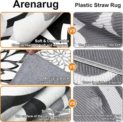 9x12 Outdoor Area Rug Washable Multicolored Patio Rug Tropical Botanical Floral Chenille Waterproof Outdoor Carpet Non-Slip for Deck, Backyard, Porch, Black