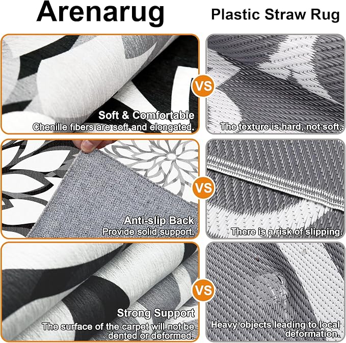 5x8 Outdoor Area Rug Washable Multicolored Patio Rug Tropical Botanical Floral Chenille Waterproof Outdoor Carpet for Living Room, Deck, Backyard, Porch, Black