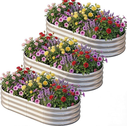 AHEONLAR 3 Pack 6×3×1ft Galvanized Raised Garden Bed, Oval Metal Garden Bed Planter Boxes Outdoor, Durable Raised Garden Beds Outdoor for Vegetables, Flowers, Silver