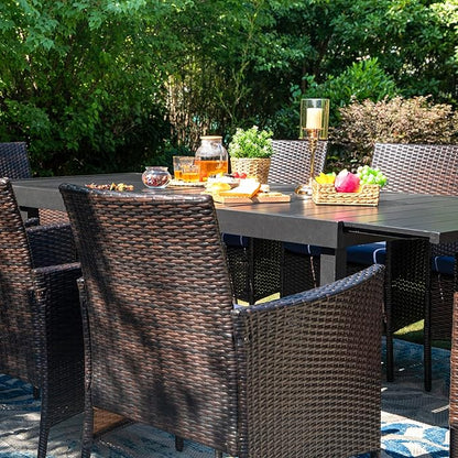 PHI VILLA 9 Piece Outdoor Dining Table Set for 8, Expandable Rectangular Metal Dining Table and Cushioned Rattan Chairs Furniture for Patio, Deck, Porch, Backyard