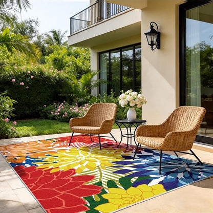 ZonLi Colorful Outdoor Rug 5x8Ft Waterproof Multicolored Indoor Area Rug Washable Outdoor Patio Rugs Tropical Floral Non Slip Outdoor Carpet for Living Room, Pool,Backyard,Deck,Camping