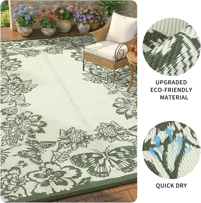 Garvee 5’x8’ Waterproof Patio Outdoor Rug, Outdoor Plastic Straw Rug for Camping, RV Mat Outside, Indoor Outdoor Carpet for Porch, Deck, Backyard, Balcony, Picnic, Ssage Green & White