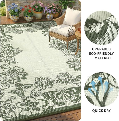 Garvee Outdoor Rugs 9' x 12’ Waterproof Reversible Mats, Large Area Plastic Straw Rug, Outside Carpet, Butterfly Floral Rv Mat for Patio Camping Picnic Backyard Deck Balcony Porch Beach Trailer