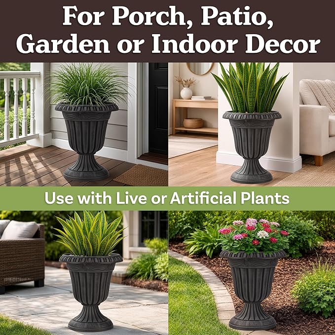 Outdoor Planter 2-Pack - 16x18-Inch Urn Planters for Front Porch Decor, Indoors, Patio or Entryway - Plastic Plant Pots - Large Decorative Flower Pots by Pure Garden (Stone Gray)