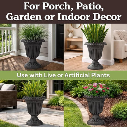 Outdoor Planter 2-Pack - 16x18-Inch Urn Planters for Front Porch Decor, Indoors, Patio or Entryway - Plastic Plant Pots - Large Decorative Flower Pots by Pure Garden (Stone Gray)