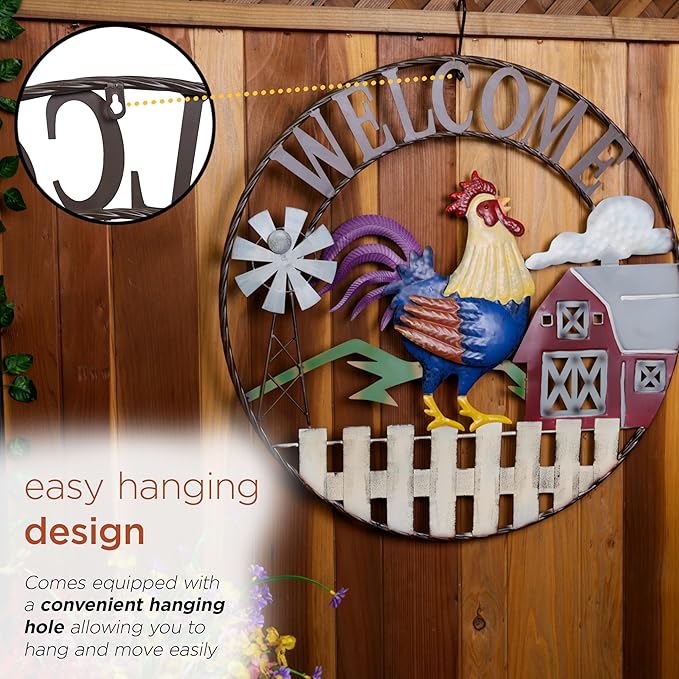 Alpine Corporation SCC578L Large Round Rooster and Farm Welcome Wall Decor, Sign for Entryway & Walkway, 30" Diameter, Multicolor