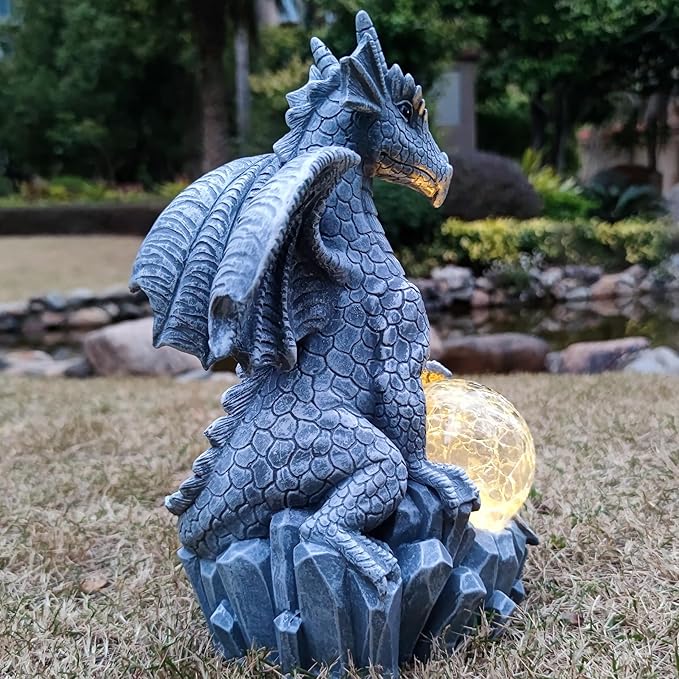 Solar Dragon Garden Statues Outdoor Decor, Resin Dragon Figurine with Solar Crackle Globe LED Lights Lawn Patio Balcony Art Decoration,Housewarming Gifts and Yard Ornament