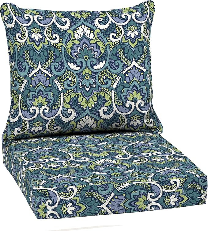 Arden Outdoor Deep Seat Cushion Set, 22 in x 24 in, Weather-Proof, Rain-Proof, Fade Resistant Patio Cushion Sapphire Aurora Blue Damask
