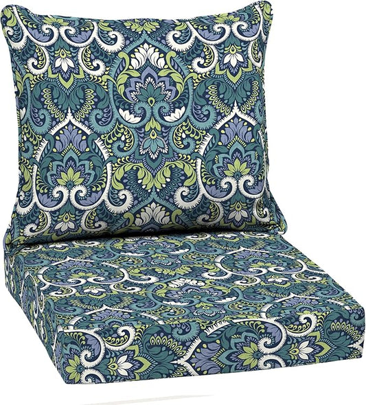 Arden Outdoor Deep Seat Cushion Set, 22 in x 24 in, Weather-Proof, Rain-Proof, Fade Resistant Patio Cushion Sapphire Aurora Blue Damask