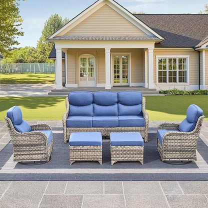 Luxury High Back Outdoor Furniture with 6-Inch Thick Cushions, Patio Furniture Set with Swivel Chairs, 5 PCS Wicker Conversation Set for Porch, Balcony, Deck and Yard