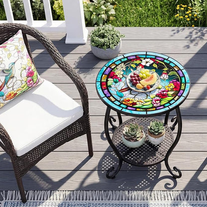 Outdoor Side Table,Small Round Patio Acceet End Plant Metal Coffee Table for Yard Porch Garden Patio Living Room, Bedroom(Hummingbird)