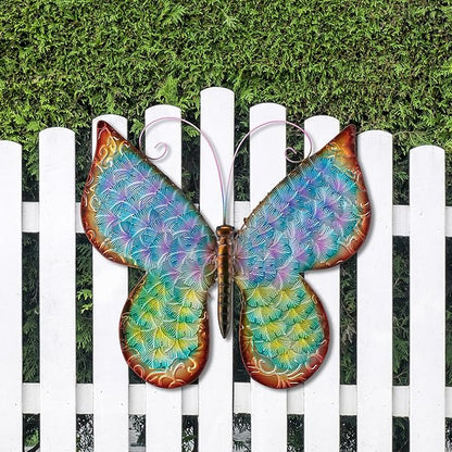 Glitzhome Metal Butterfly Wall Decor, 20 "H Colorful Metal Bionic Butterfly Wall Art with Hand Painted Distressed Finish and 3D Embossed Texture, Outdoor Porch Patio Home Wall Accent