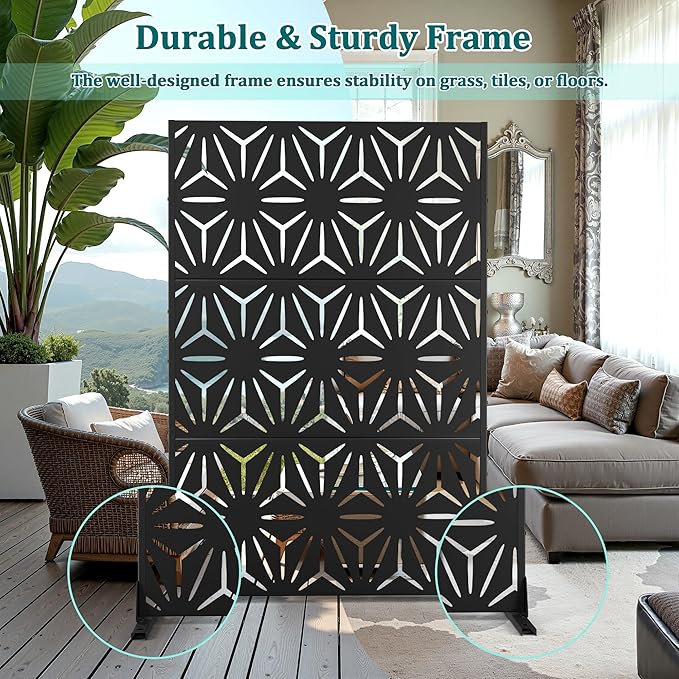 Metal Privacy Screen Outdoor Privacy Screen, Freestanding Fence Panel for Outside, 72''H×47''W, Decorative Screen Panel for Backyard/Patio/Deck