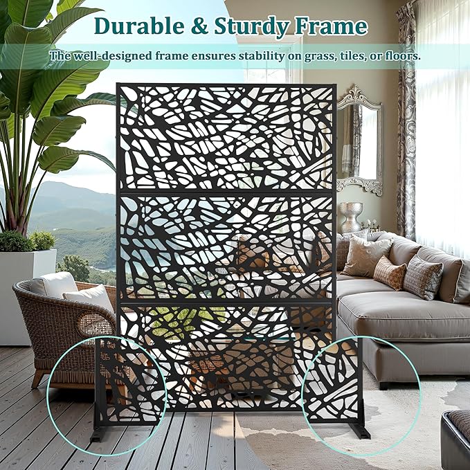 Metal Privacy Screen Outdoor Privacy Screen, Freestanding Fence Panel for Outside, 72''H×47''W, Decorative Screen Panel for Backyard/Patio/Deck