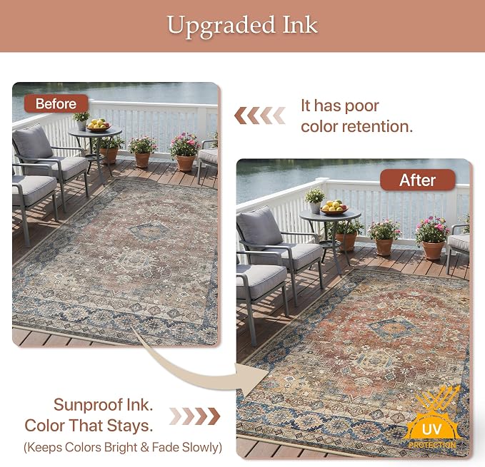 GENIMO Outdoor & Indoor Area Rug 6'x9', Waterproof, Non-Shedding, Easy Cleaning, Boho Mat for Patio, Living Room, Balcony, Dining Room, RV, Deck, Bedroom, Camping, Outside Carpet,Antique Red