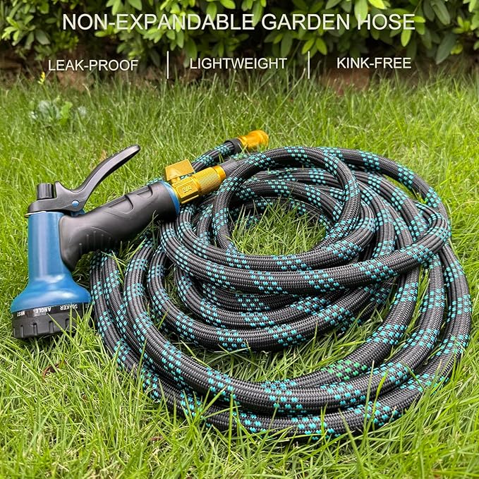 Garden Hose Non-Expandable 25 ft, Lightweight Flexible Water Hose with 10 Function Spray Nozzle, Outdoor Leak Proof, Kink-Free, Portable Hose for Yard, Lawn, Camper, High-Density Fabric, Black Blue