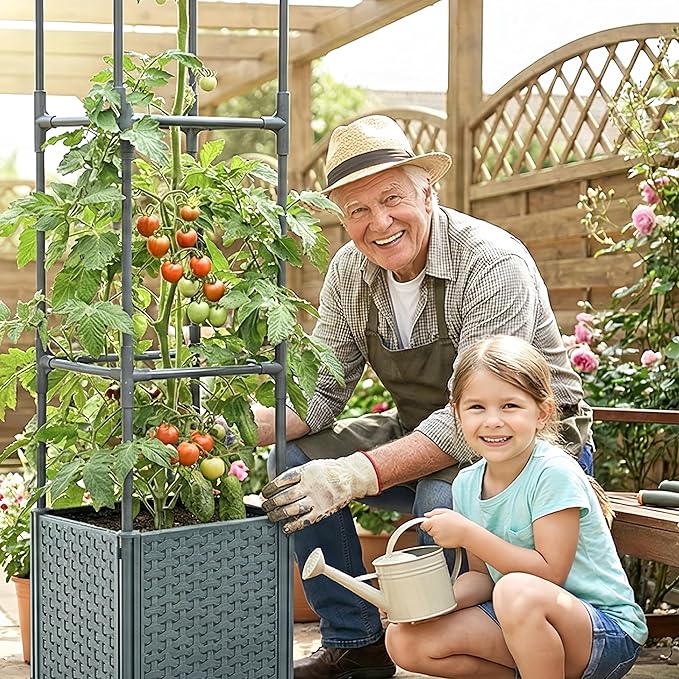 Raised Garden Bed with Tomato Planter Cage, 41.3" Trellis Planter Boxes for Outdoor Patio Greenhouse Gardening Climbing Vegetables