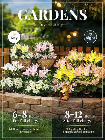 GIGALUMI Solar Garden Lights, 4Pack LED Lily Garden Decor Carefree Solar Flowers Outdoor Waterproof, Yard Decorations Outdoor, Allergy-Free Light up Flowers for Yard Patio (2Pink,1White,1Yellow)