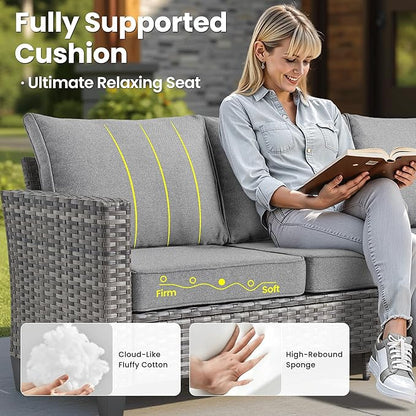 ovios 10 Pieces Patio Furniture Set, Outdoor Wicker Sofa Couch with Rocking Swivel Chairs Solar Lights Table Fire Pit, Modern Deep Seat Rattan Conversation Sets, Dark Grey