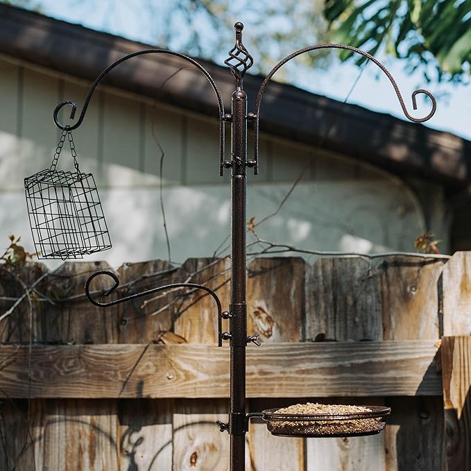 Backyard Expressions 90" Bird Feeding Station for Outdoors, Heavy Duty Bird Feeder Pole with Squirrel Baffle, Shepherd Hooks, Suet Cage, Water Bowl & Tray, Multi Hook Bird Feeder Stand for Yard Garden