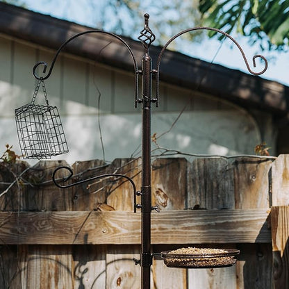 Backyard Expressions 90" Bird Feeding Station for Outdoors, Heavy Duty Bird Feeder Pole with Squirrel Baffle, Shepherd Hooks, Suet Cage, Water Bowl & Tray, Multi Hook Bird Feeder Stand for Yard Garden