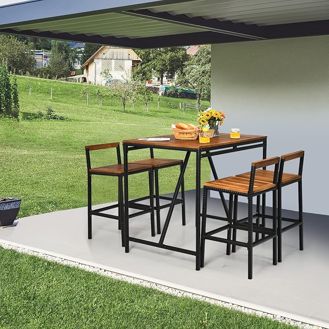 RELAX4LIFE 5-Piece Patio Bar Set, Acacia Wood Counter Height Bistro Dining Table w/Umbrella Hole, Wicker Rattan Bar Stools Set of 4 for Balcony Backyard Poolside, 5PCS Outdoor Bar Table and Chairs Set