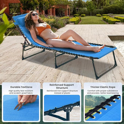 2 Pack Outdoor Folding Chaise Lounge 5-Position Adjustable Recliner 400LB Heavy Duty Portable Patio Camping Beach Chair, Blue