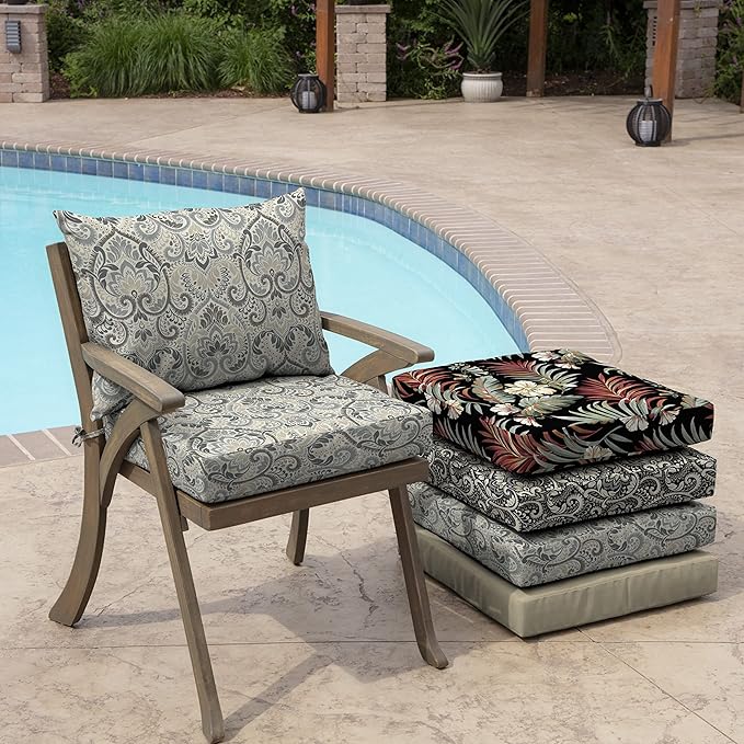 Arden Outdoor Dining Chair Cushion, 21 x 21, Rain-Proof, Fade Resistant 21 x 21, Neutral Aurora Damask