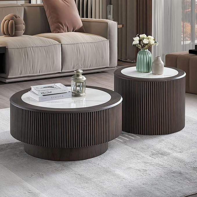 kevinplus Round Faux Marble Side Table Wood End Table for Living Room, Modern Contemporary Embossment Fluted Style, No Assembly (Dark Brown, ø23.62'' x 18.5'')